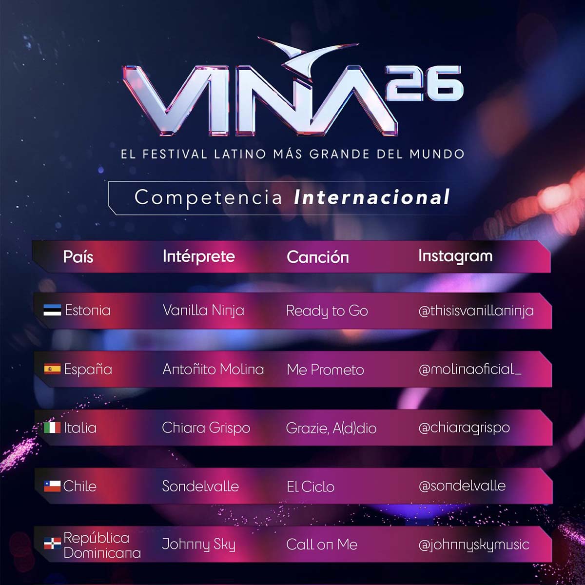 Parrilla Artistas Participantes Competencia Internacional Festival de Viña del Mar 2026